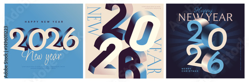 Happy 2026 new year poster set. Abstract festive banners with realistic numbers and lettering. Square cards for New Year celebration. Isometric 3D vector illustration collection isolated on background