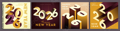 Happy 2026 new year poster set. Square golden banners for celebrating traditional winter holiday. Festive design elements with numbers. Isometric 3D vector illustration isolated on background
