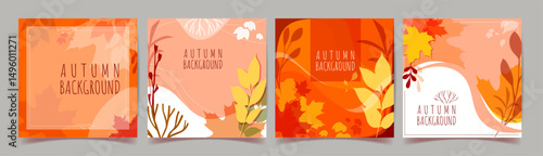 Autumn backgrounds set. Square banners with bright falling autumn leaves and tree branches. Fall season. Design element for covers and posters. Flat vector illustration collection isolated on backdrop