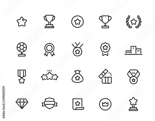 Award line Icons Set. Simple symbols with trophy cup, winner gold medal and reward. Editable stroke. Success and achievement. Outline vector illustration collection isolated on background