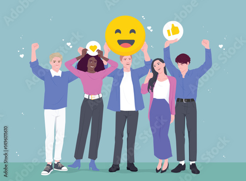 Employee satisfaction. Happy motivated office workers holding thumbs up and smiling emoji as symbol of good working conditions. Employee Engagement and Commitment Rating. Flat vector illustration