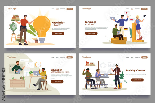 Landing Page Design Templates Set. Web Page Layouts for distance education programs, online learning, language courses and webinars. Flat vector illustration collection isolated on background