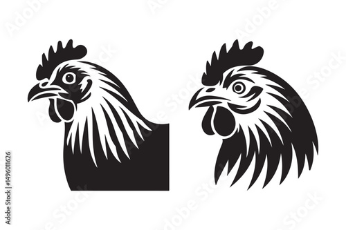Two Rooster Hen Head Silhouette Vector