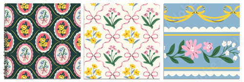 Coquette seamless pattern set. Elegant repeating ornaments with bouquets of blooming flowers and cute bows. Design for wallpaper or fabric. Hand drawn vector illustration isolated on background