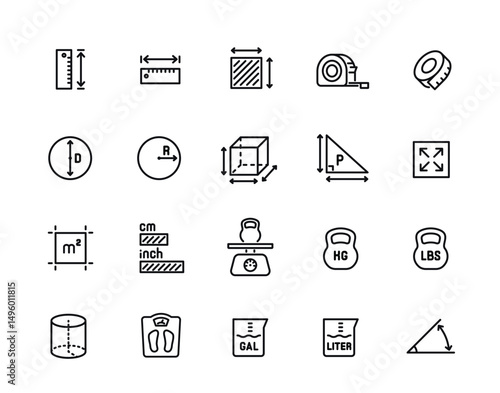 Set of measurement line icons. Simple symbols with tape measure, weight and scales for measuring length, weight and volume. Editable stroke. Outline vector illustration isolated on background