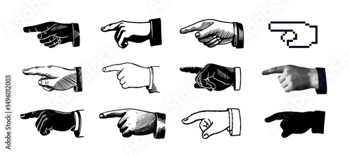 Pointing Hands Set. Icons or stickers with black and white halftone hands showing direction with index finger. Retro style engraving. Hand drawn vector illustration collection isolated on background