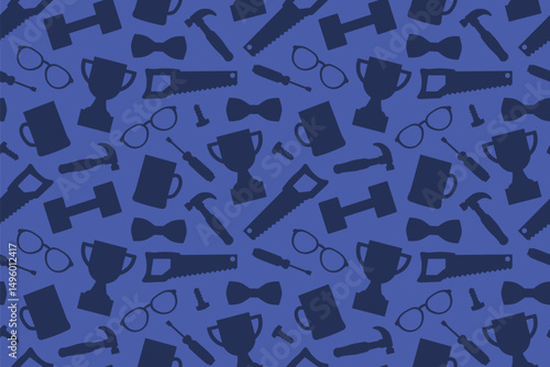Father's Day seamless pattern with trophy, bow tie, screwdriver, dumbbell, saw, hammer, eyeglasses icons- vector illustration