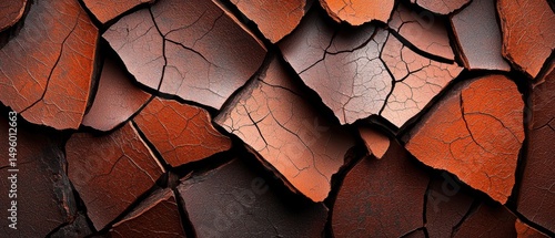 A close-up view of a cracked and textured surface, featuring a mix of orange, brown, and black hues.