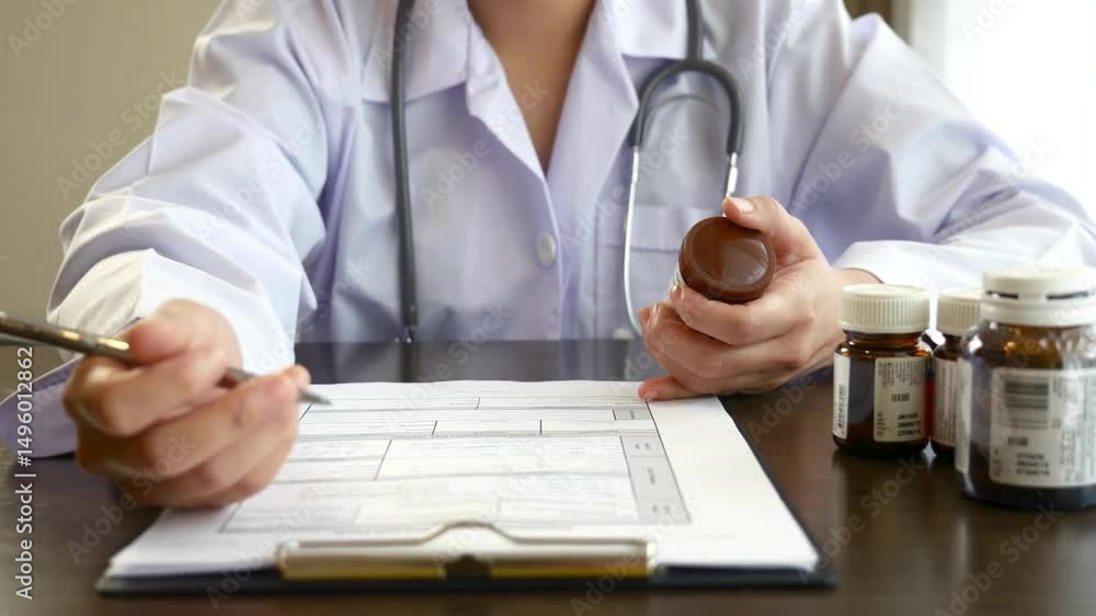a doctor filling out a medical form and writing a prescription on a clipboard a doctor filling out a medical form and writing a prescription on a clipboard