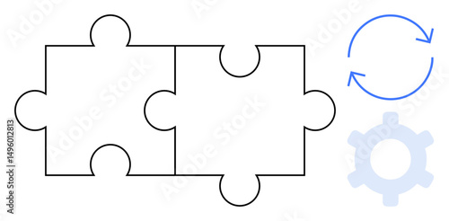Two connected puzzle pieces with circular arrows and gear icon representing teamwork, process, problem-solving, efficiency, connection, integration, and strategy. Ideal for abstract, system and flat