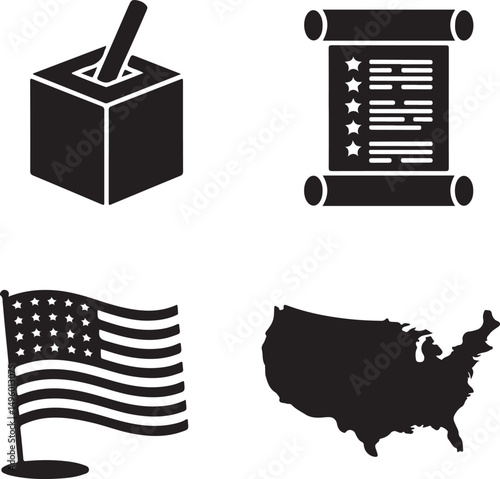 Independence Day Civic Icons Silhouette Set with Voting Box Constitution Scroll and USA Map


