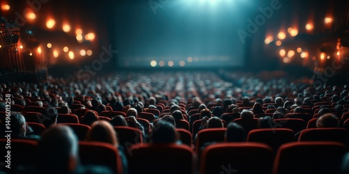Large audience eagerly awaits movie screening in vintage theater filled with warm lights and plush red seating