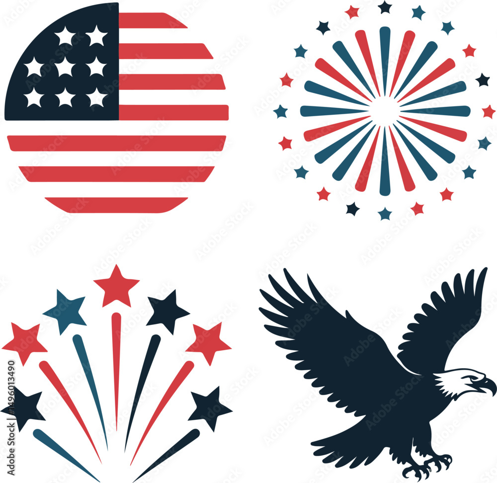 Obraz premium Minimalist Independence Day Icons with American Flag Fireworks and Patriotic Silhouettes