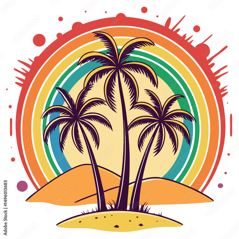 Fototapeta premium Retro illustration of palm trees on the beach with a rainbow backdrop under a summer sun.