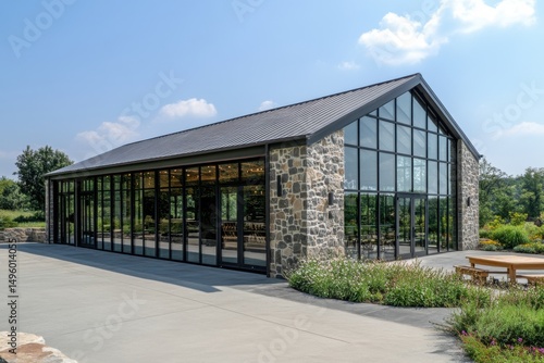 Wallpaper Mural Modern glass and stone building surrounded by greenery stands out against a clear blue sky, providing a serene space for gatherings and events in a quiet countryside location Torontodigital.ca