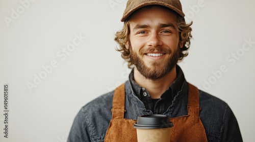 Smiling barista holding coffee, studio, simple background, cafe