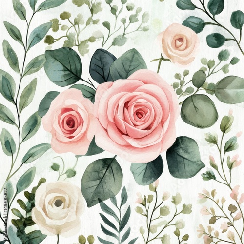 Watercolor Roses and Greenery on White Background