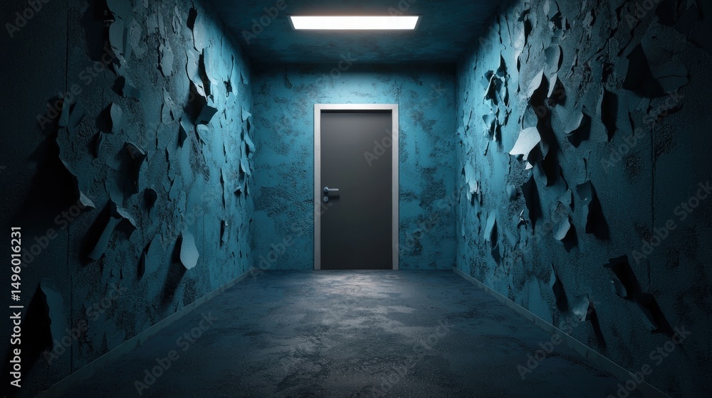 Fototapeta premium Office hallway with peeling wallpaper and dim, flickering lights