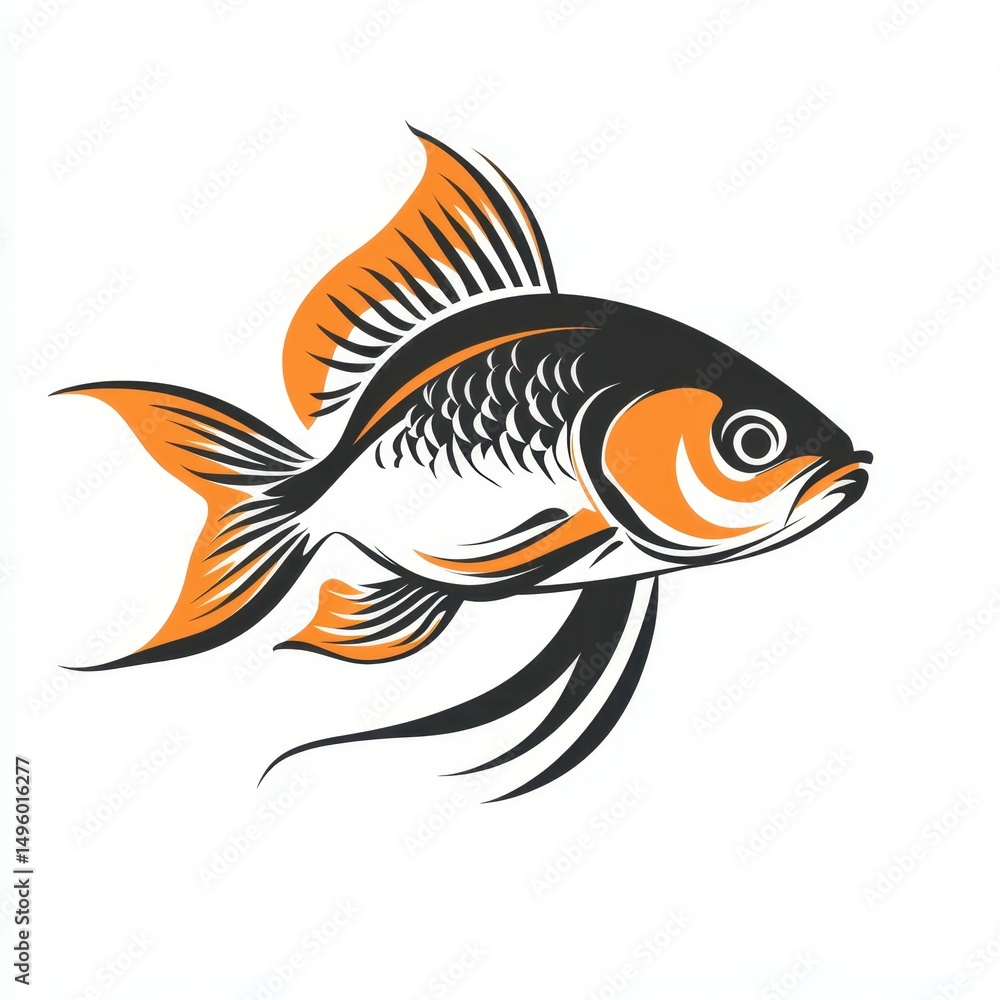 Naklejka premium Graphic illustration of a goldfish with striking colors swimming gracefully in a decorative style