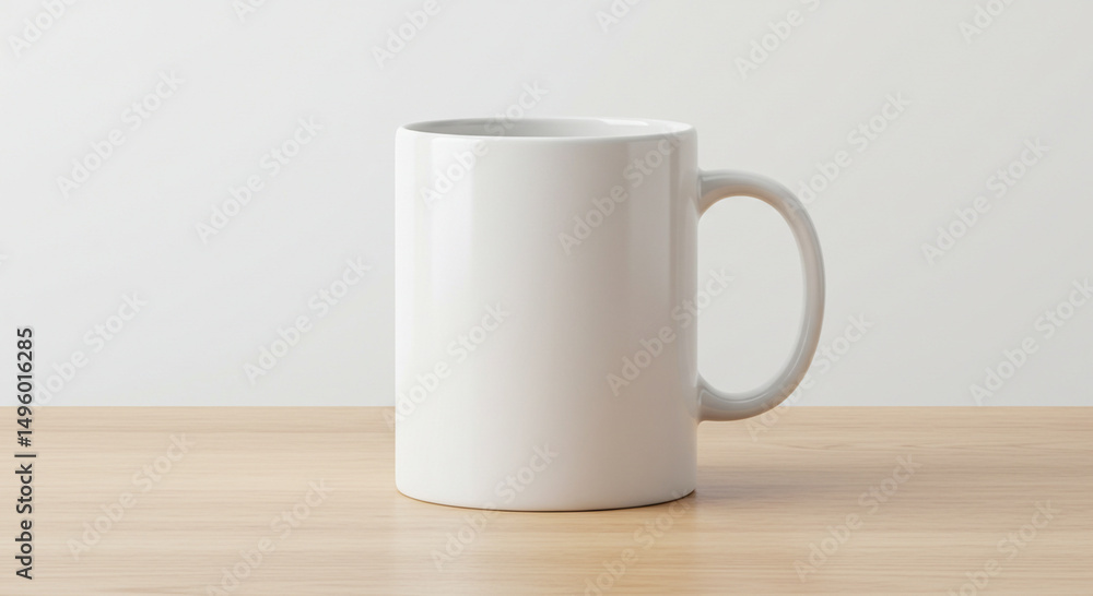 Fototapeta premium A simple white mug sitting on a light wooden surface alone