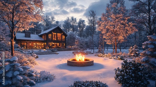 Snowy cabin fire winter landscape evening warmth
