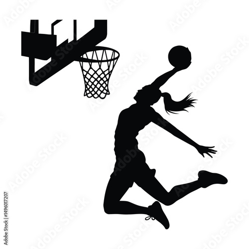 Female Basketball Player Dunk Silhouette, Woman Jumping with Ball Toward Hoop