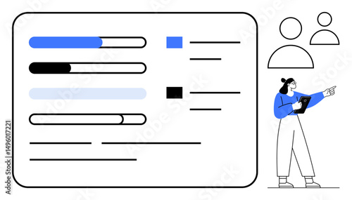 Data chart with progress bars, checklist, two user icons, and woman with clipboard pointing. Ideal for teamwork, analytics, workflow, evaluation, reporting collaboration simple landing page