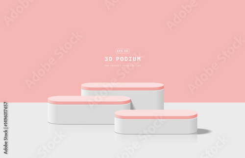 Clean studio room with realistic white pink 3D round podium or pedestal. Podium scene for mockup. 3D stage for showcase. Vector geometric platform. Minimal scene for mockup. 3d vector rendering.