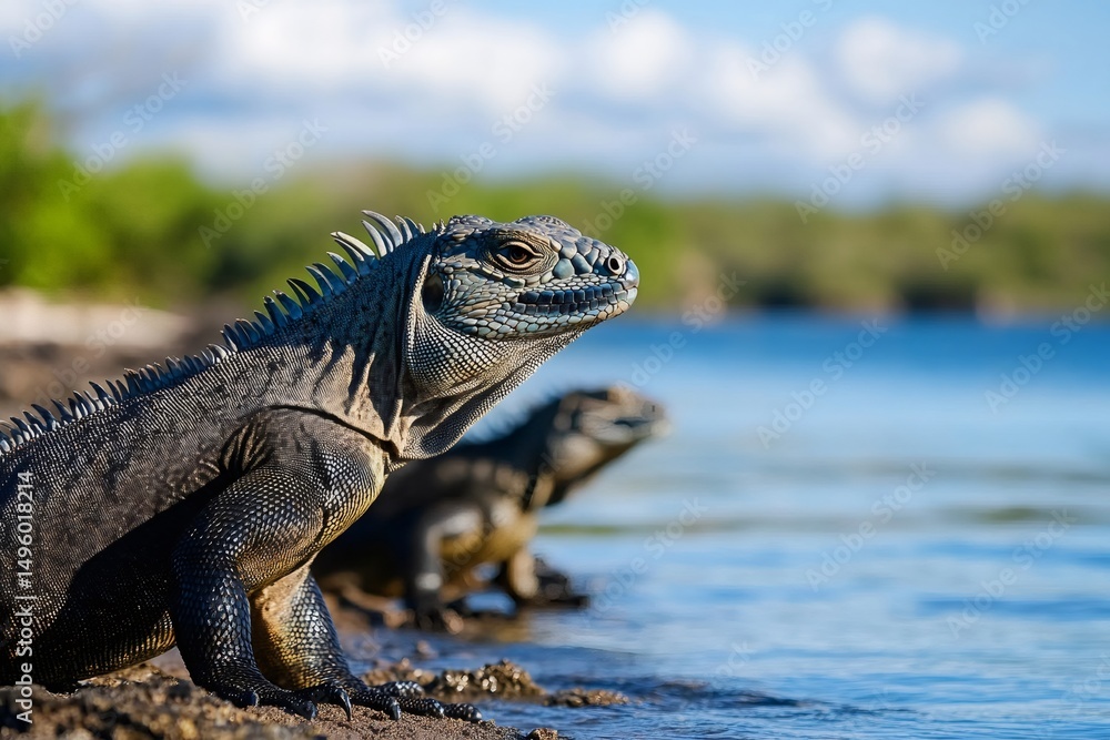 Fototapeta premium Wild iguanas resting on the shore of a tropical lagoon