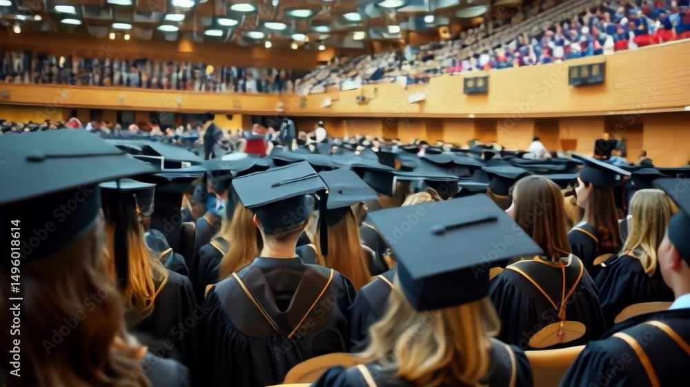 A large group of people wearing graduation caps and gowns are sitting ...