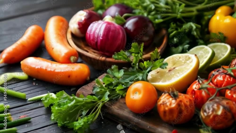 A variety of vegetables and meat are grilled on a wooden board. The vegetables include tomatoes, peppers, and onions, while the meat is sausage. Concept of warmth and comfort A variety of vegetables and meat are grilled on a wooden board. The vegetables include tomatoes, peppers, and onions, while the meat is sausage. Concept of warmth and comfort