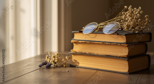 Stacked books with glasses and dried flowers on wooden table  