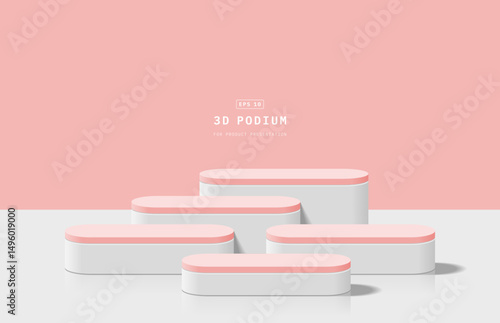 Clean studio room with five realistic white pink 3D round podium or pedestal. Podium scene for mockup. 3d stage for showcase. Vector geometric platform. Minimal scene for mockup. 3d vector rendering.