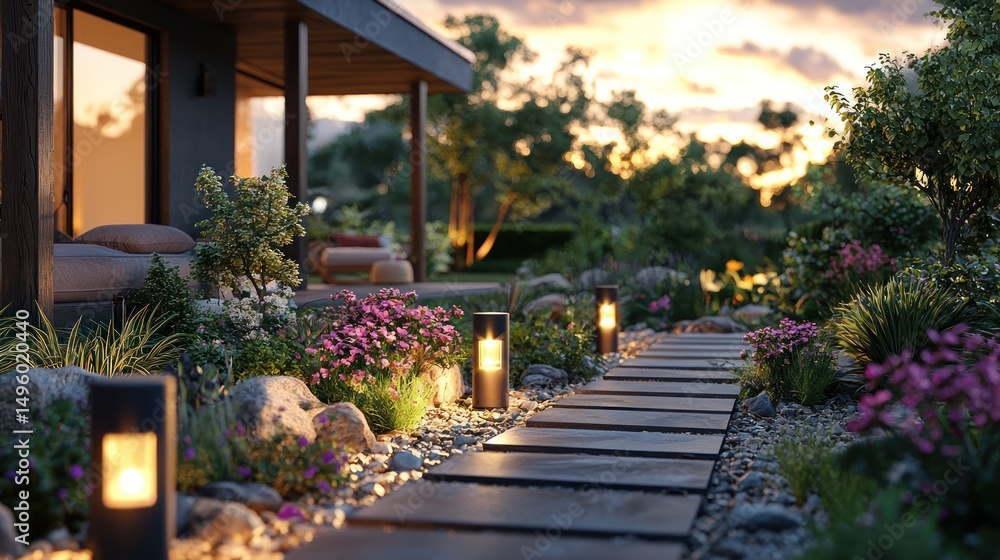 Sunset garden path, modern home, landscaping design Sunset garden path, modern home, landscaping design