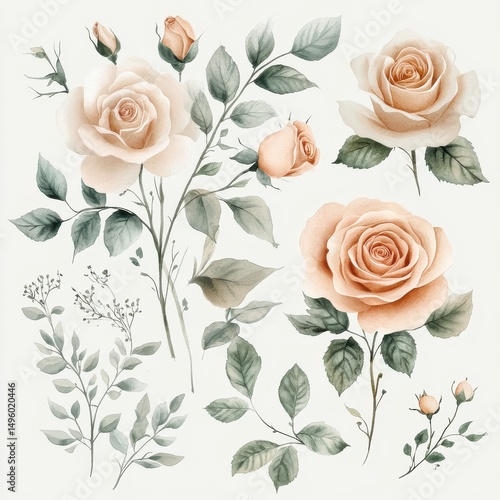 Watercolor Rose Flower Clipart: Elegant Floral Design Elements, Isolated on White