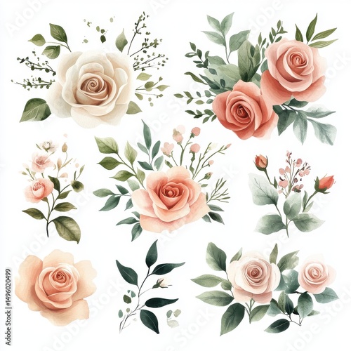 Watercolor Floral Clipart Collection: Roses, Leaves, & Botanical Elements