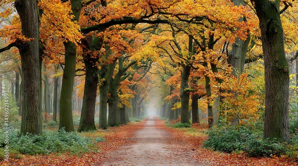 Fototapeta premium A dirt road surrounded by tall trees with orange and yellow leaves on both sides is encircled by yellow and orange leaf-covered trees