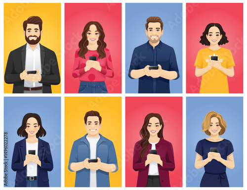 Portraits of diverse people with smartphones on bright backgrounds. Men and women holding mobile phone in hands. Vector character illustration set