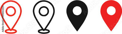 Three location pin icons in red, black and white
