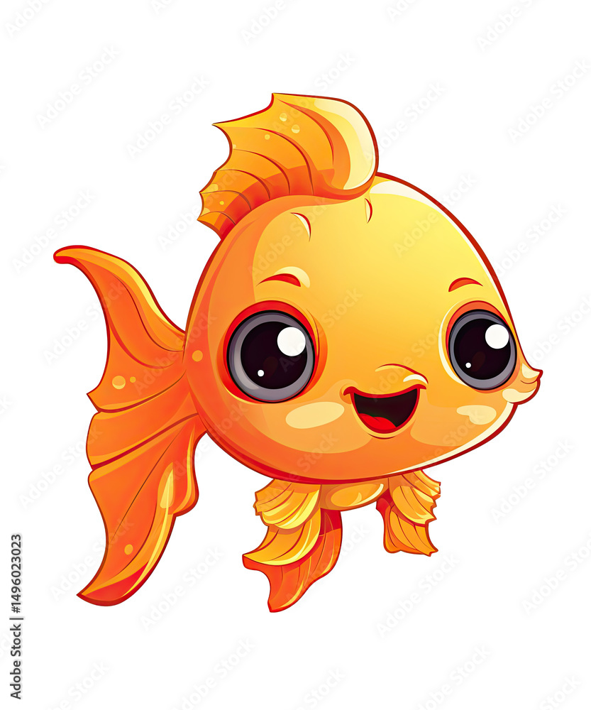 Obraz premium Cute smiling cartoon fish with a funny yellow face in a glass, a happy summer vector character illustration for baby fun design art
