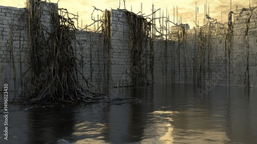 A ruined, overgrown stone wall reflecting in water.
