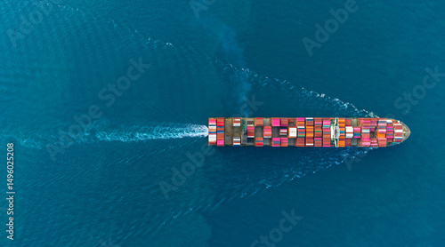 Top view Container ship full capacity approaching port International Container ship loading, unloading at sea port, Freight Transportation, Shipping,Logistics, import export, Transportation. Global