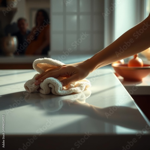 A womans slender hand adorned with a soft cotton terry towel meticulously wiped a pristine white stone counter leaving it sparkling and gleaming The scene was a testament to cleanliness and domesticit