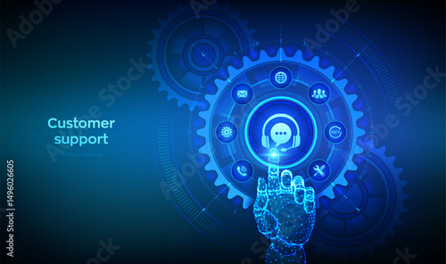 Customer support service technology concept. Technical support, customer service, tech support assistance. Hand touching digital interface with connected gears cogs and icons. Vector illustration.