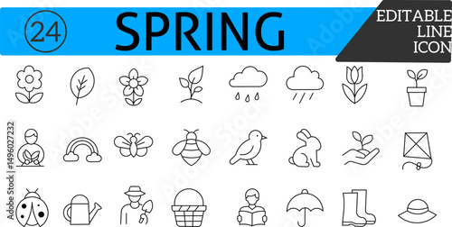 Spring Line Icons Set – Editable Vector Icons of Flowers, Nature, Weather, Outdoor Activities and more.