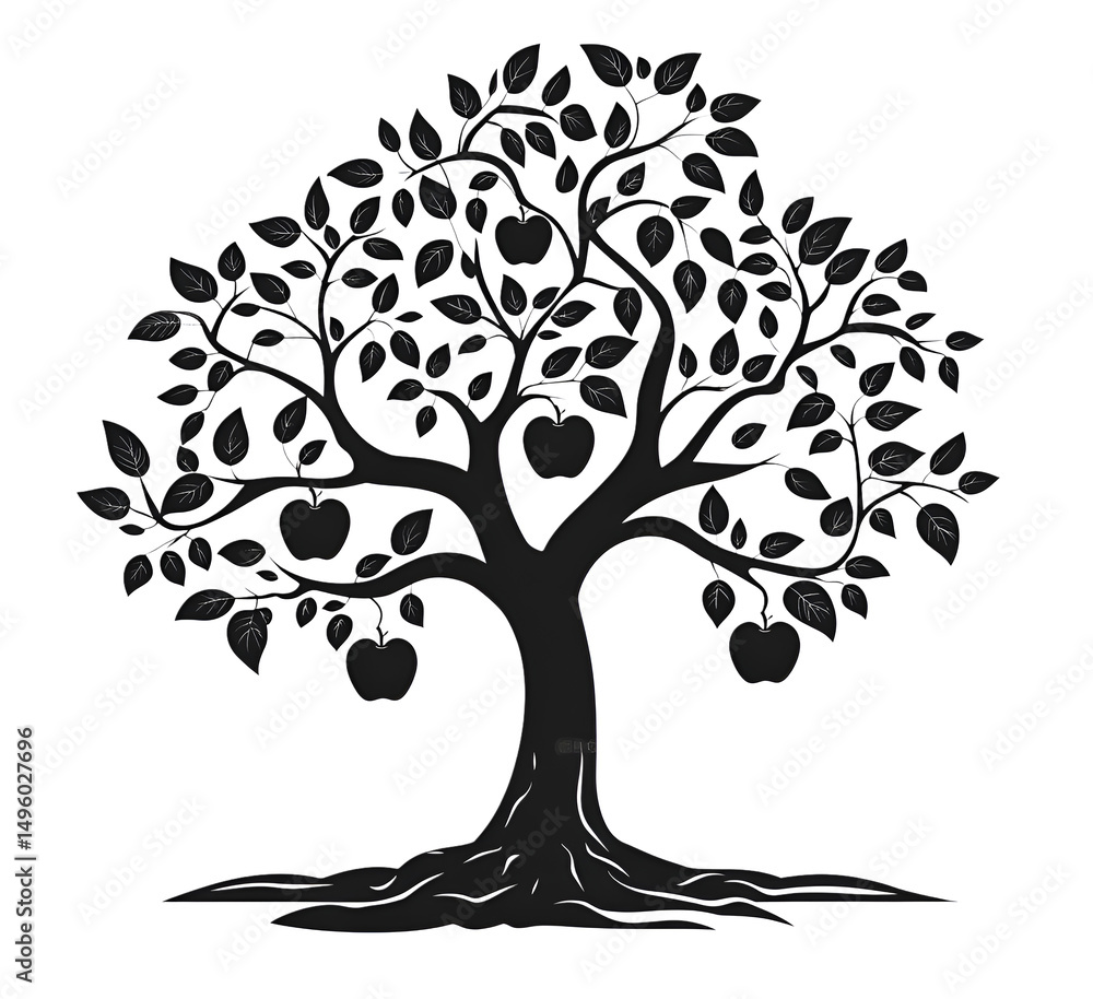 Obraz premium Black silhouette of apple tree with apples on a white background illustration