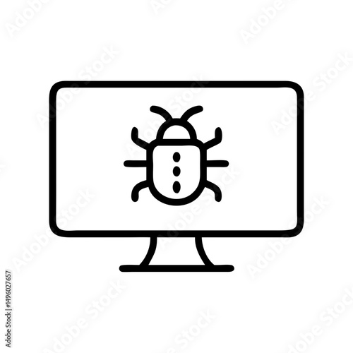 A computer screen displaying a bug symbol in black outline on a white background design element for tech