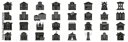 Building And Architecture Solid Icon Set. Diverse Structures Including Houses, Offices, Shops, Landmarks Silhouette Symbol Collection. Urban And Rural Infrastructure. Isolated Vector Illustration