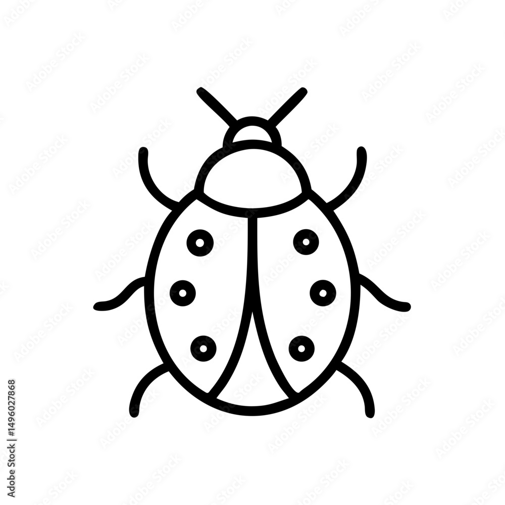 Simple graphic of a ladybug with spots, antennae and six legs in black outline style design is shown Simple graphic of a ladybug with spots, antennae and six legs in black outline style design is shown