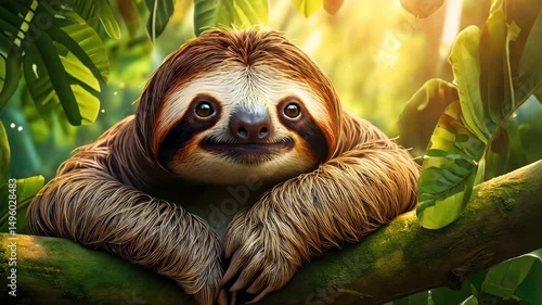 Cartoon-Style Sloth Resting Peacefully on Jungle Tree